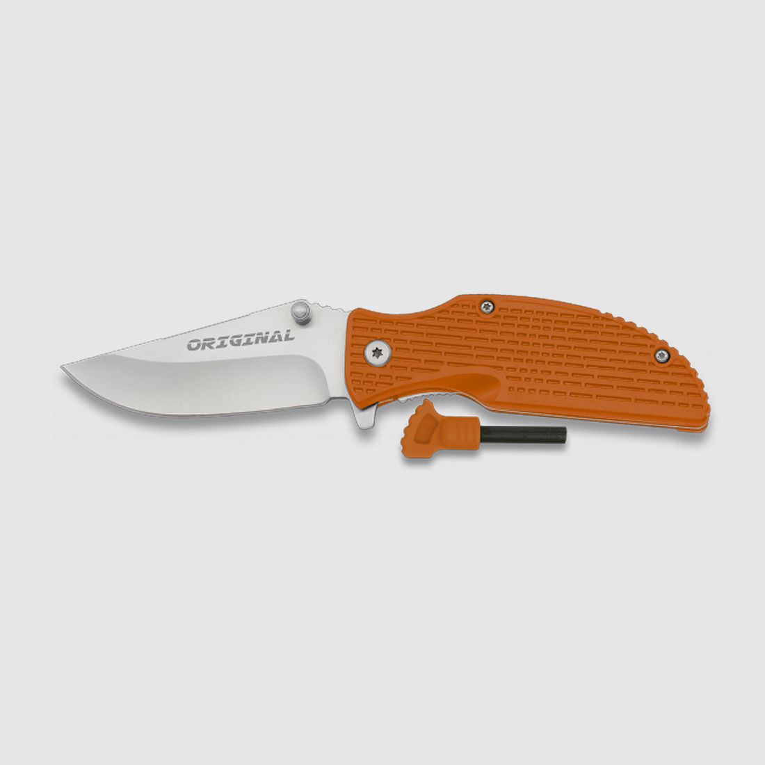 Outdoor pocket knife orange with fire starter in the handle, survival