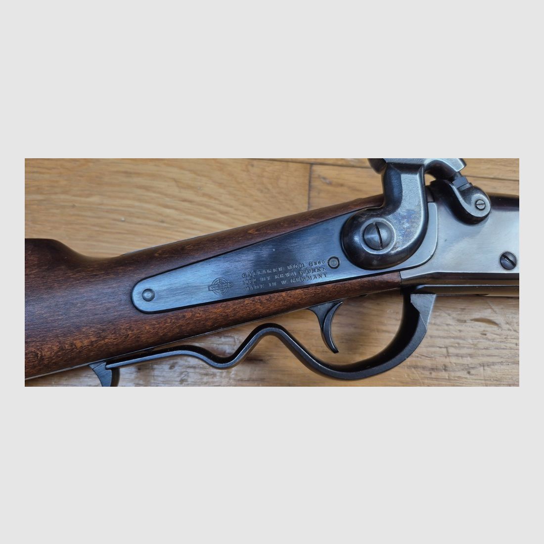 Sehr schöne Gallagher Büchse – Schwarzpulver und Metallpatronen – Kal. .54 – Kavalleriewaffe der Union während des Bürgerkriegs und des Deutsch-Französischen Krieges von 1870-1871 – Seltene Erma-Fertigung mit Lothar Walther Lauf für Navy Arms – Sehr seltene Waffe von 1978 in ausgezeichnetem Zustand – TBE ++, Bild 6 von 35