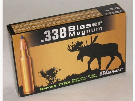 Büchsenpatronen Blaser .338 Blaser Magnum Barnes TTSX 13,6g. 210gr. Bleifrei!!!