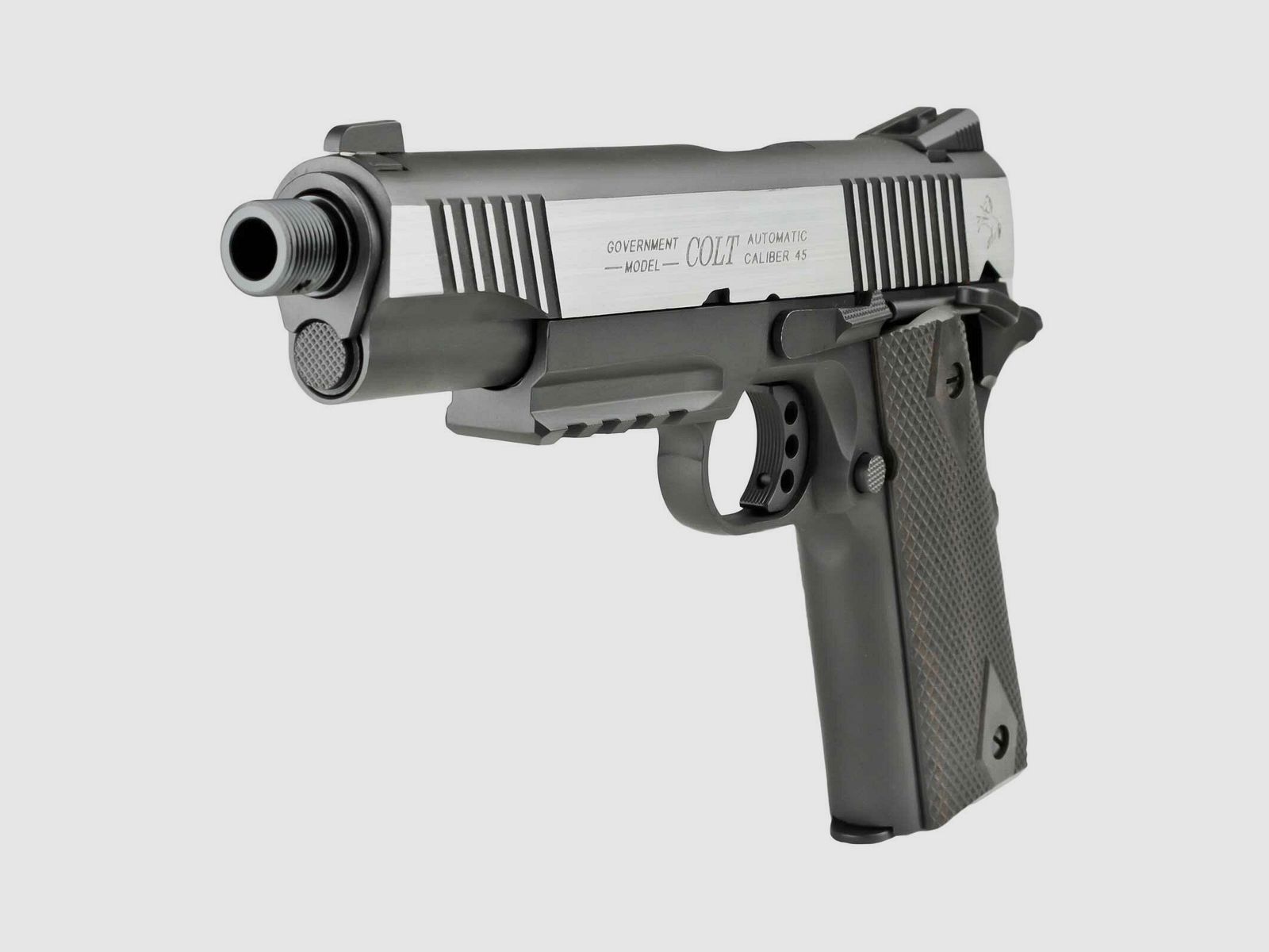Komplettset Colt 1911 Railgun Bicolor Vollmetall Softair-Co2-Pistole Kaliber 6 mm BB Blowback (P18)