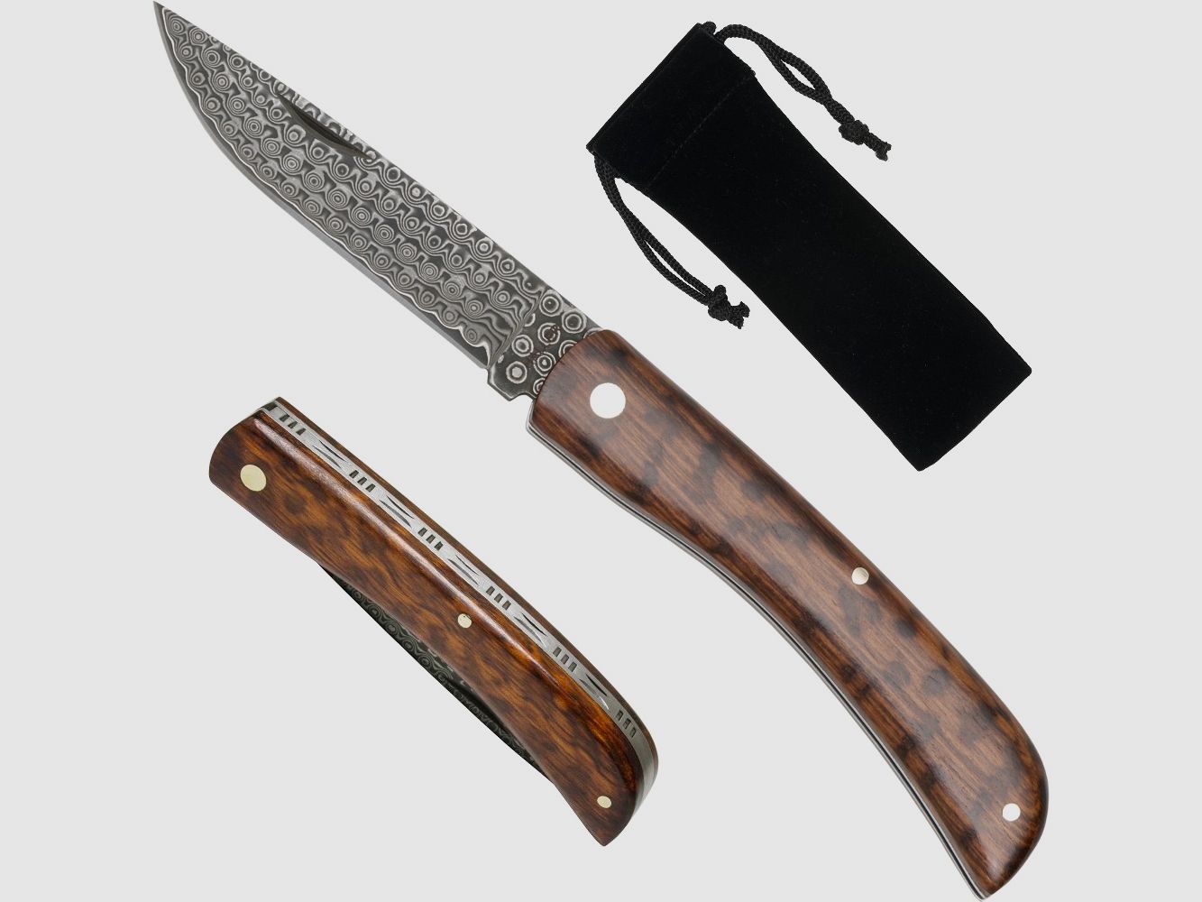 Coltello multiuso con lama in damasco, legno di serpente, conforme alla legge 42a per il porto.