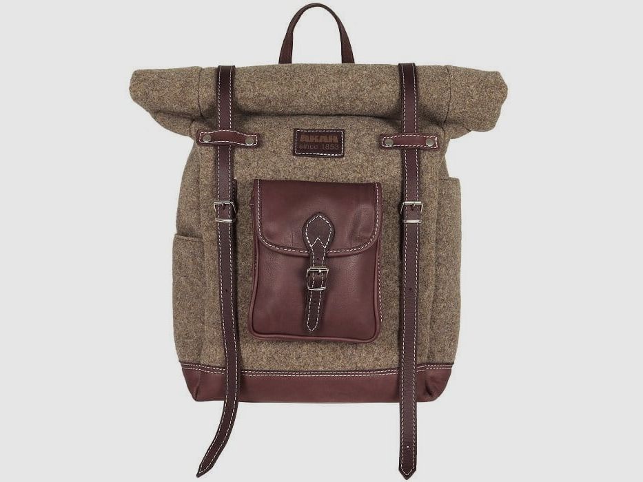 AKAH Rolltop Rugzak van wolvilt en olijfgroen leer 20-27 L