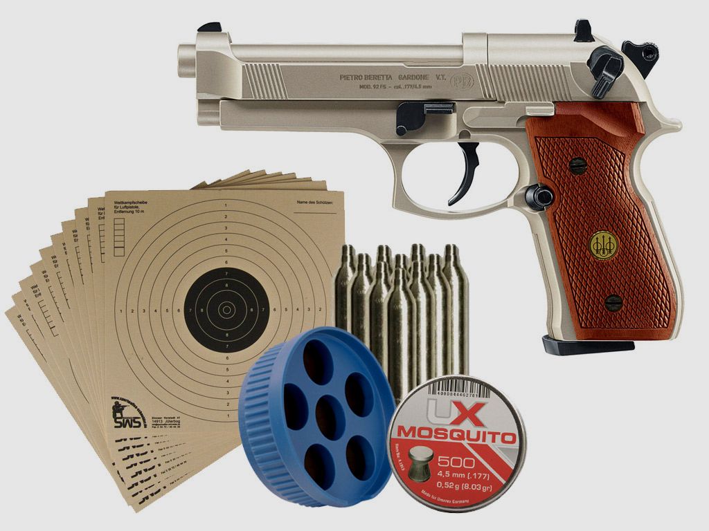 CO2 Pistole Beretta M 92 FS nickel Holzgriffschalen Kaliber 4,5 mm (P18)+ Diabolos Zielscheiben CO2 Kapsel Speedloader