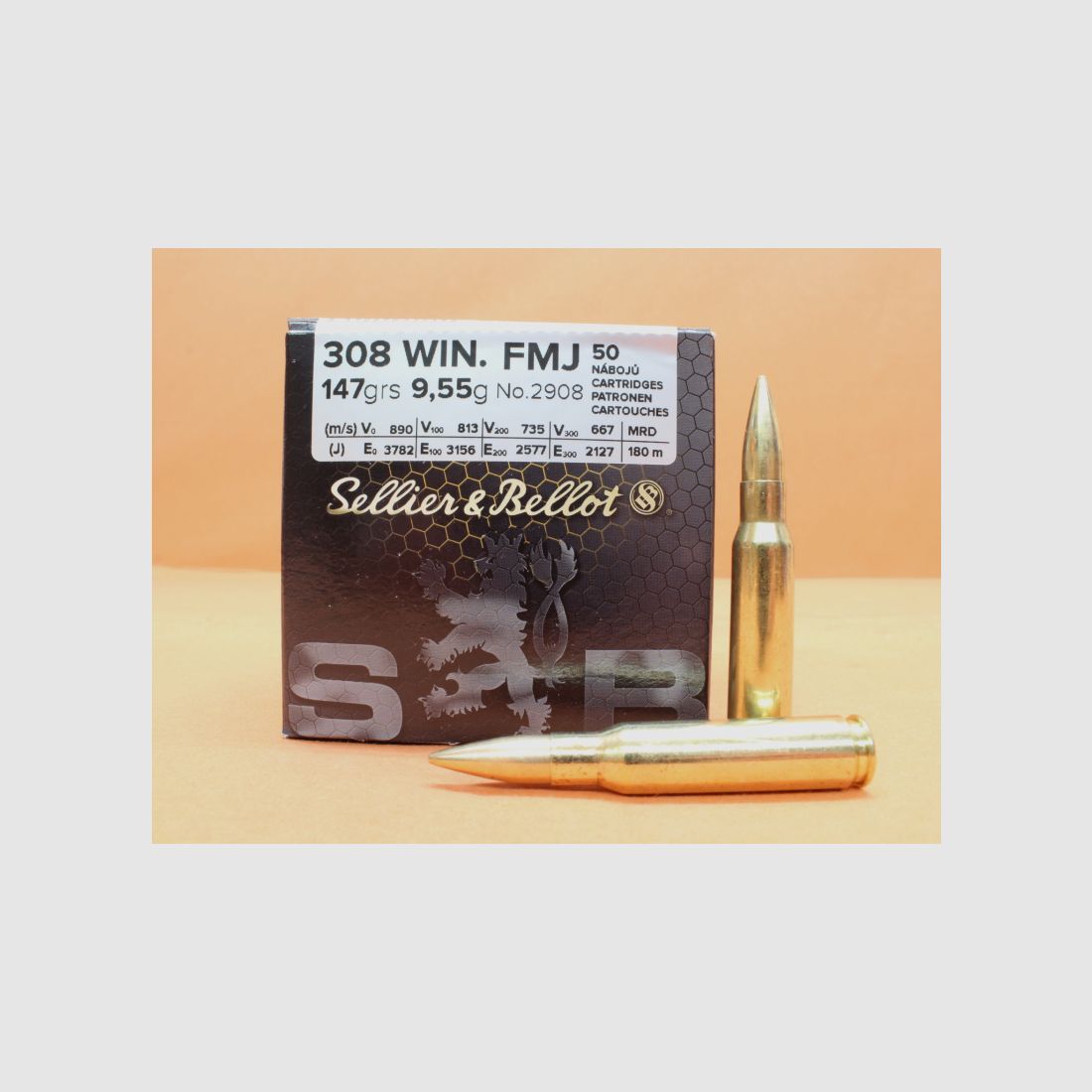 Patrone .308Win S&B/ Sellier&Bellot 147grs FMJ (2908/2) VE 50 Patronen/ 9,55g Vollmantel