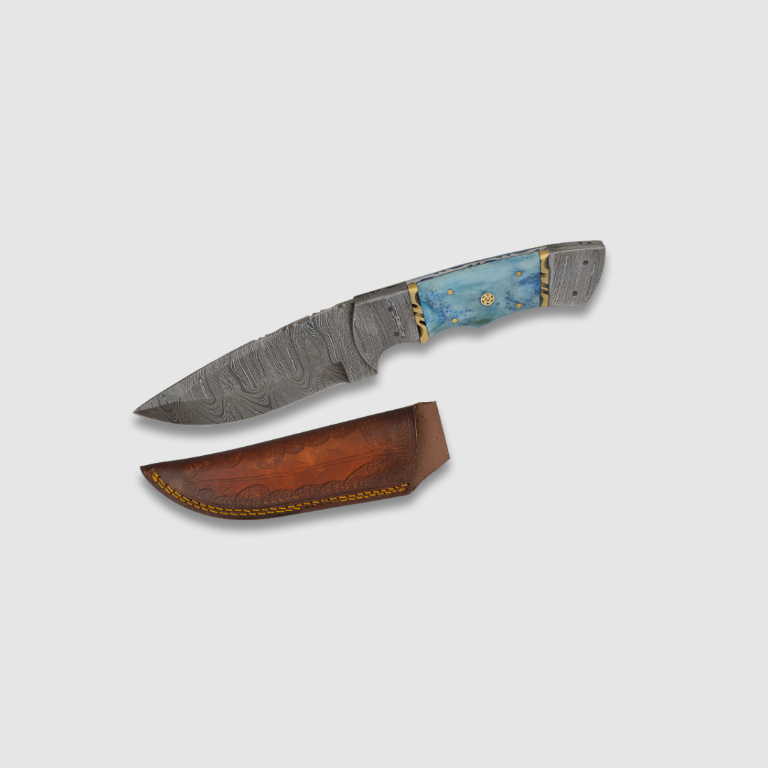 Martínez Damaszenermesser mit blauem Knochen und Lederscheide