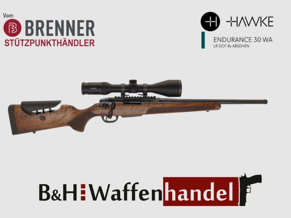 Brenner Komplettpaket: BR20 L.E. (Nussbaum, verstellbarer Schaftrücken) mit Hawke Endurance 2.5-10x50