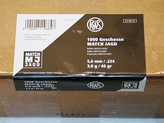 1000 Stück NEUE RWS Geschosse - MJ (MATCH-JAGD) .224/5,6mm - 46gr/3,0g (#2146843) Präzises Hohlspitz