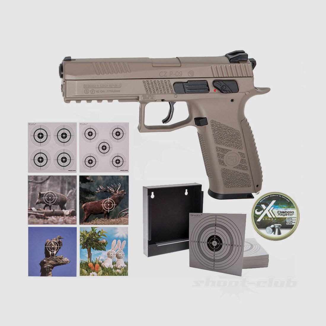 ASG	 CZ P-09 Full FDE Co2 Pistole 4,5mm Diabolo Zielscheiben Set