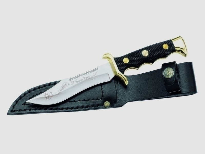 Knife, blade 11cm, brass fittings, leather sheath