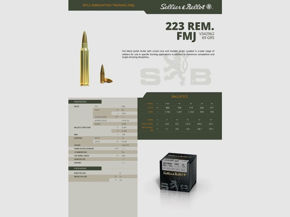 Sellier Bellot 223 rem FMJ Patronen VRAC x500 69gr 4.5g, Bild 3 von 3