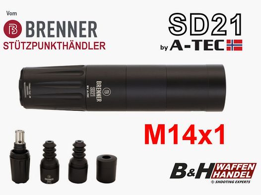 Brenner (by A-TEC) silencer SD21 over-barrel M14x1 up to caliber: .30