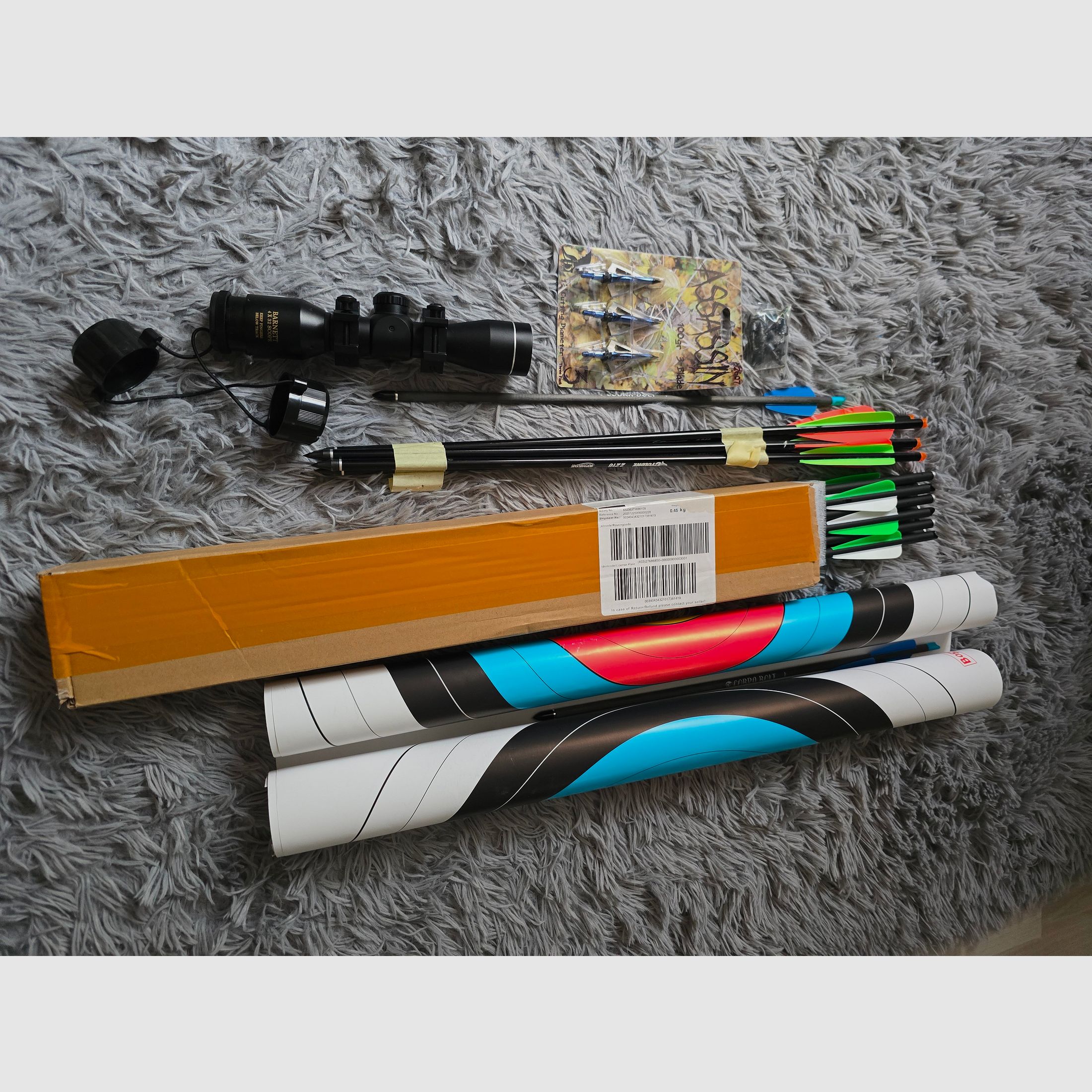 Armbrust-Zubehör-Set: Barnett Scope, Carbonpfeile, Jagdspitzen & Zielscheiben und Schaumstoffbox