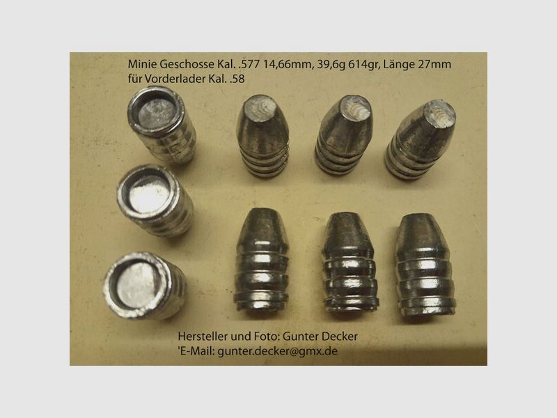 Minie Geschosse Kaliber .577 14,66mm 39,6g 614gr Länge 27mm für Vorderlader Gewehre Kal. .58