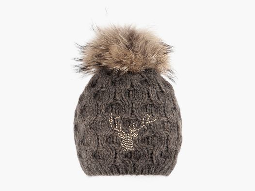 Strickmütze mit Echtfellbommel und Hirschmotiv