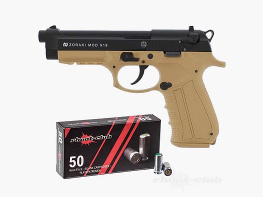 Zoraki 918-P schreckschusspistool Desert 9mm PAK plaatspatronen set