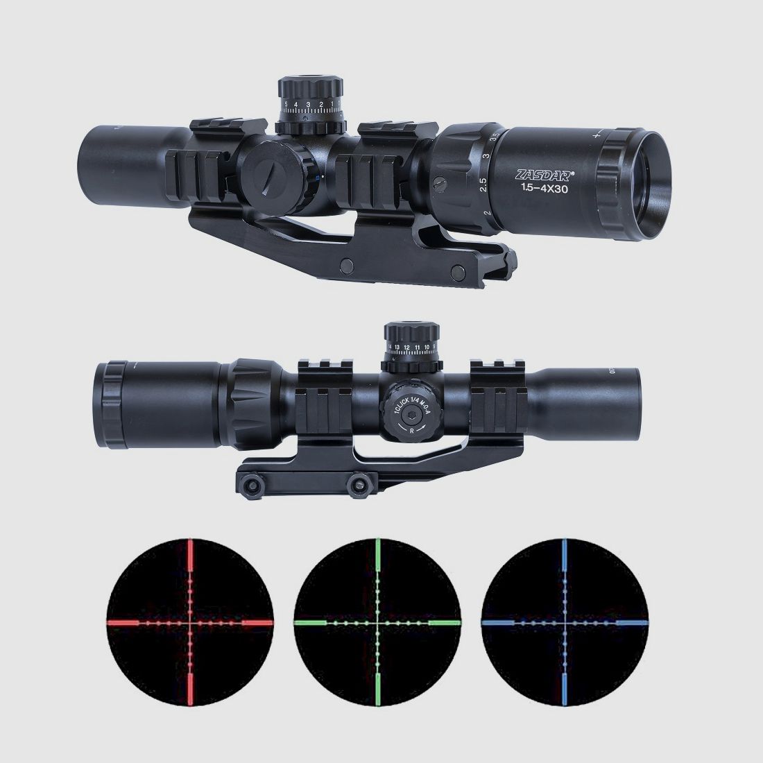 Zasdar 1,5-4×30 mm taktisches Zielfernrohr. Ret.Mildot RGB beleuchtet