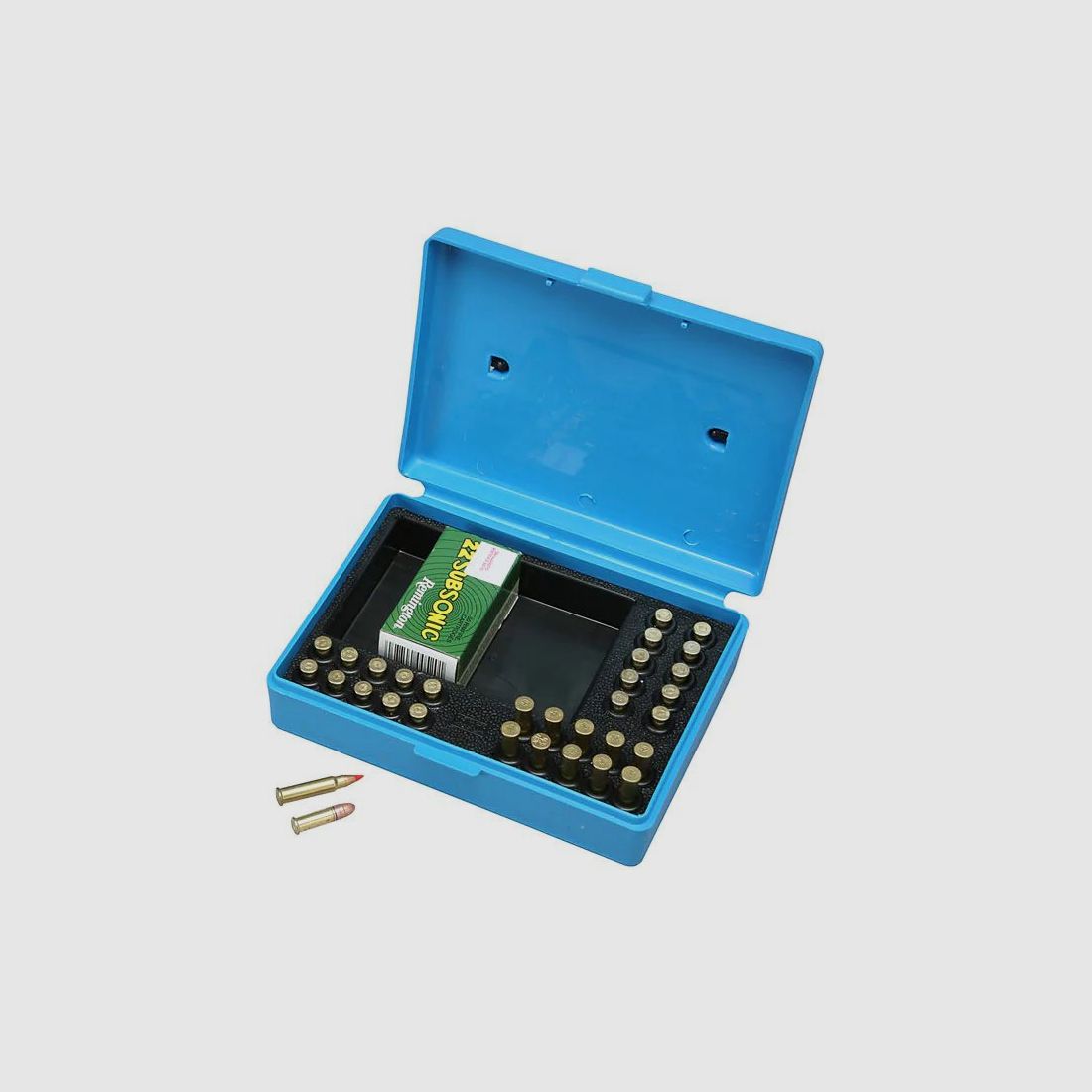 MTM Kleinkaliber Wettkampfbox SB-22-20 blau mit Klappdeckel und Tragegriff für 30 Patronen .22 LR, .22 Win. Mag.