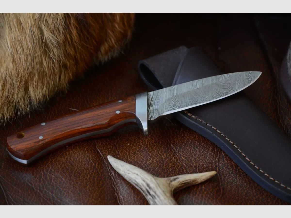 Alljagd Damast-Jagdmesser mit Eichenholzgriffschalen