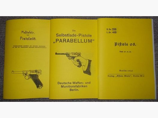 3 Hefte technische Zeichnungen, Beschreibung, Dienstanweisung Parabellum Pistole 08 Kaliber: 9mm