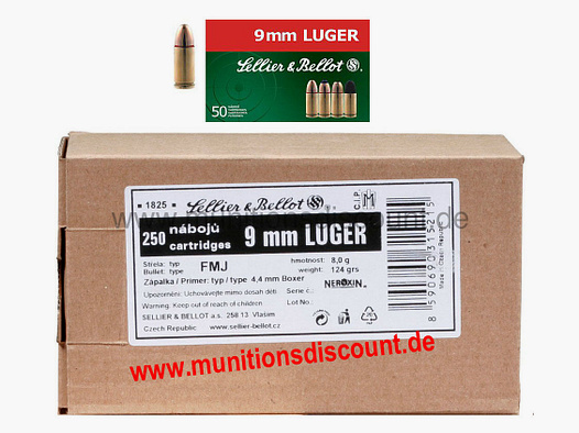 S&B (Sellier & Bellot) 9mm Luger (Para, 9x19), 124 grs Vollmantel, 250er