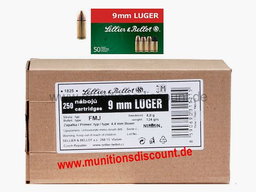 S&B (Sellier & Bellot) 9mm Luger (Para, 9x19), 124 grs Pełnopłaszczowy, 250 sztuk