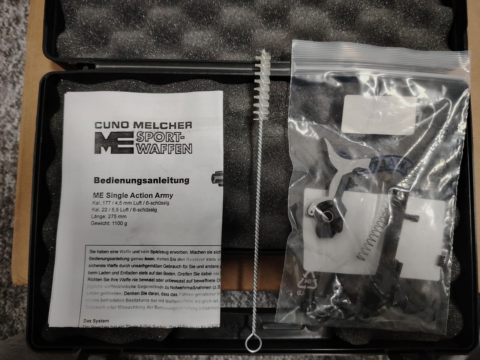 Cuno Melcher ME (Weihrauch) Single Action Army SAA LEP Revolver | 5,5 mm / .22 | inkl. Ersatzteil-Set und 6 Edelstahl Dummy Hülsen / Trainingshülsen | NEU & OVP
