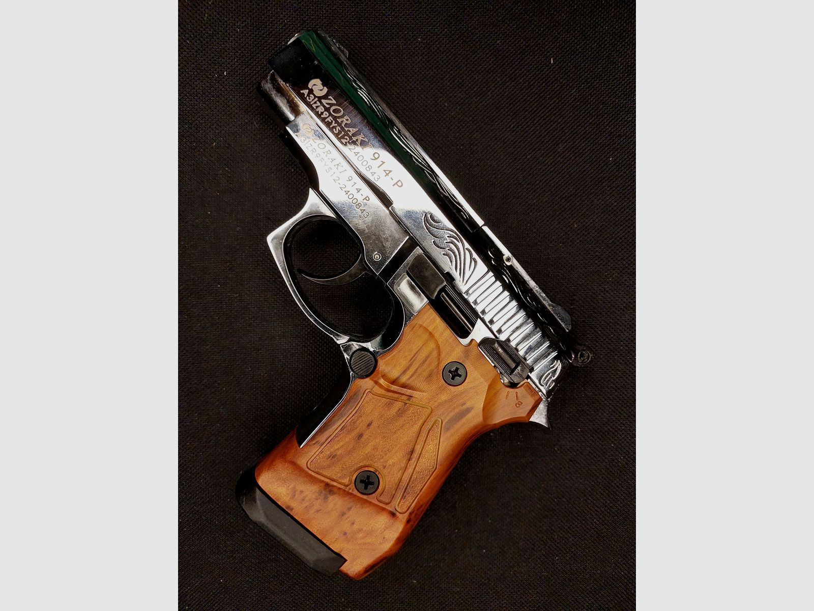 Zoraki 914-P blank firing pistol 9mm P.A.K. chrome engraved wood look (PTB 1070) - 914 as good as new!