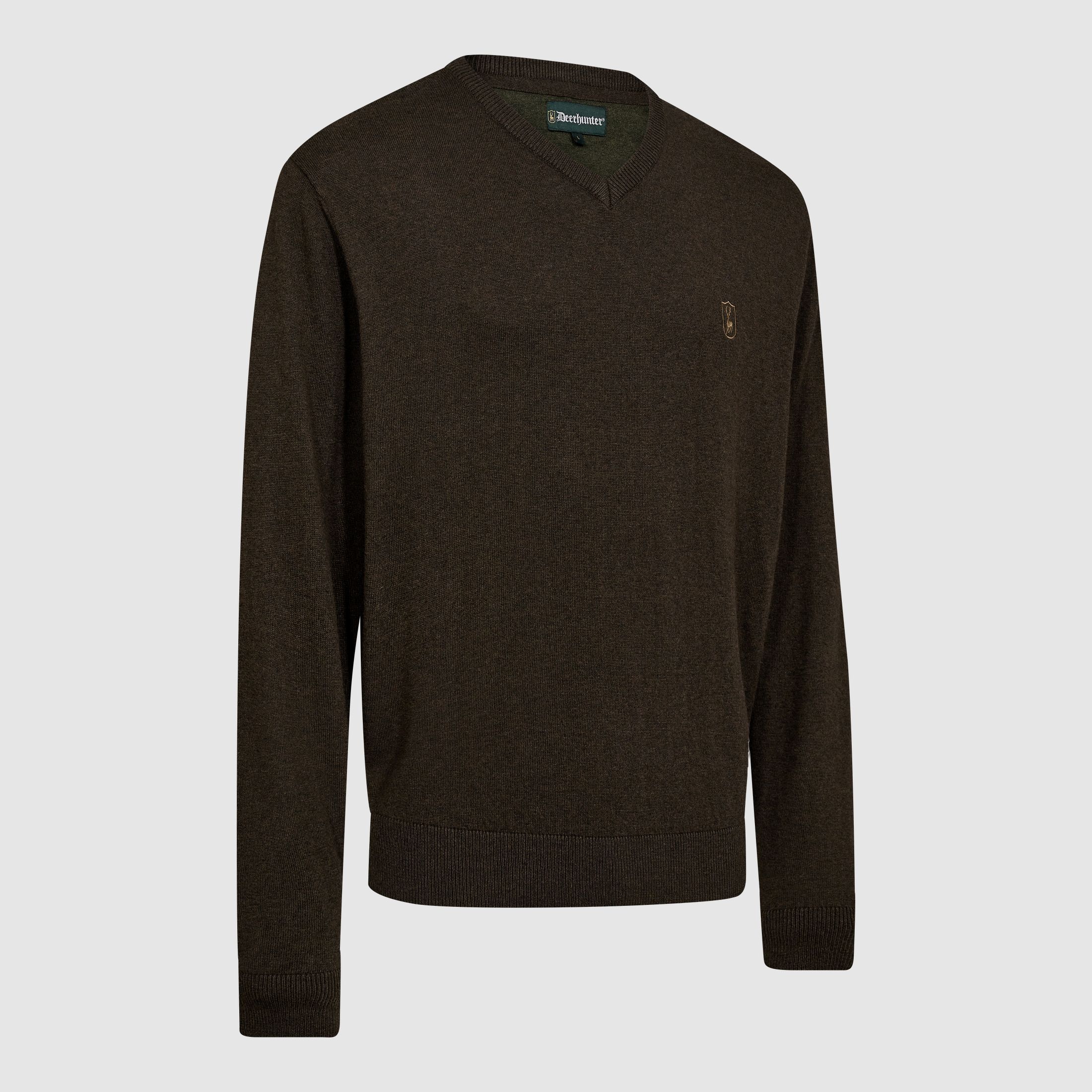 Harrington knitted pullover with V-neck - Brown Melange - Size: 3XL