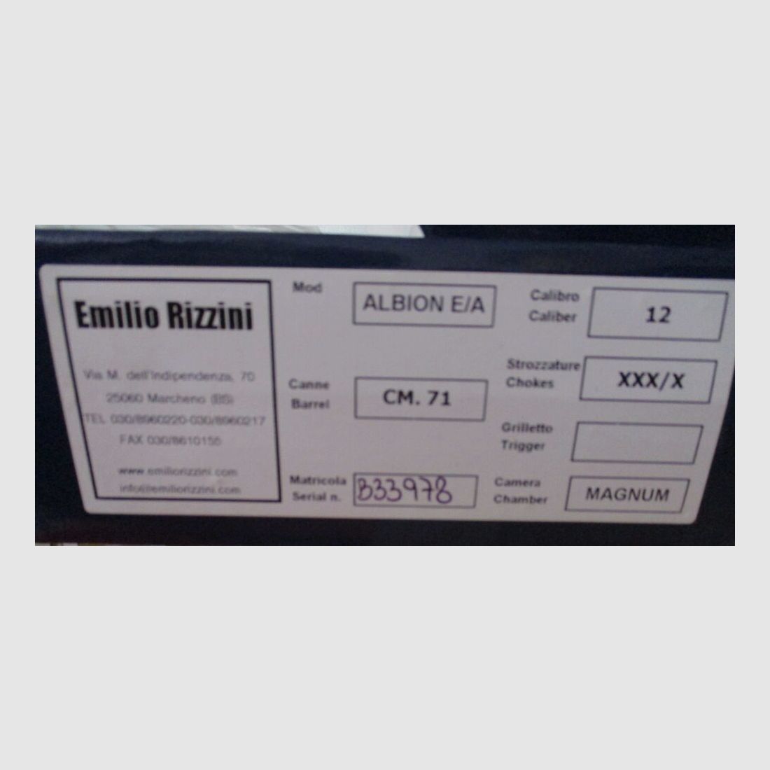 Fusil superposé Rizzini Albion 12/76 inutilisé dans la boîte Albion