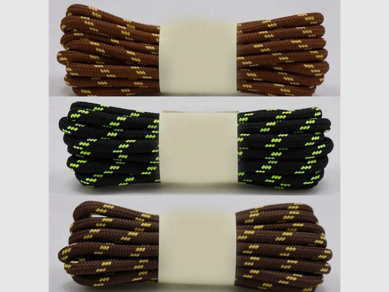 Lacets 160 cm – Rouge marron jaune / noir vert fluorescent / café jaune, image 1 sur 4