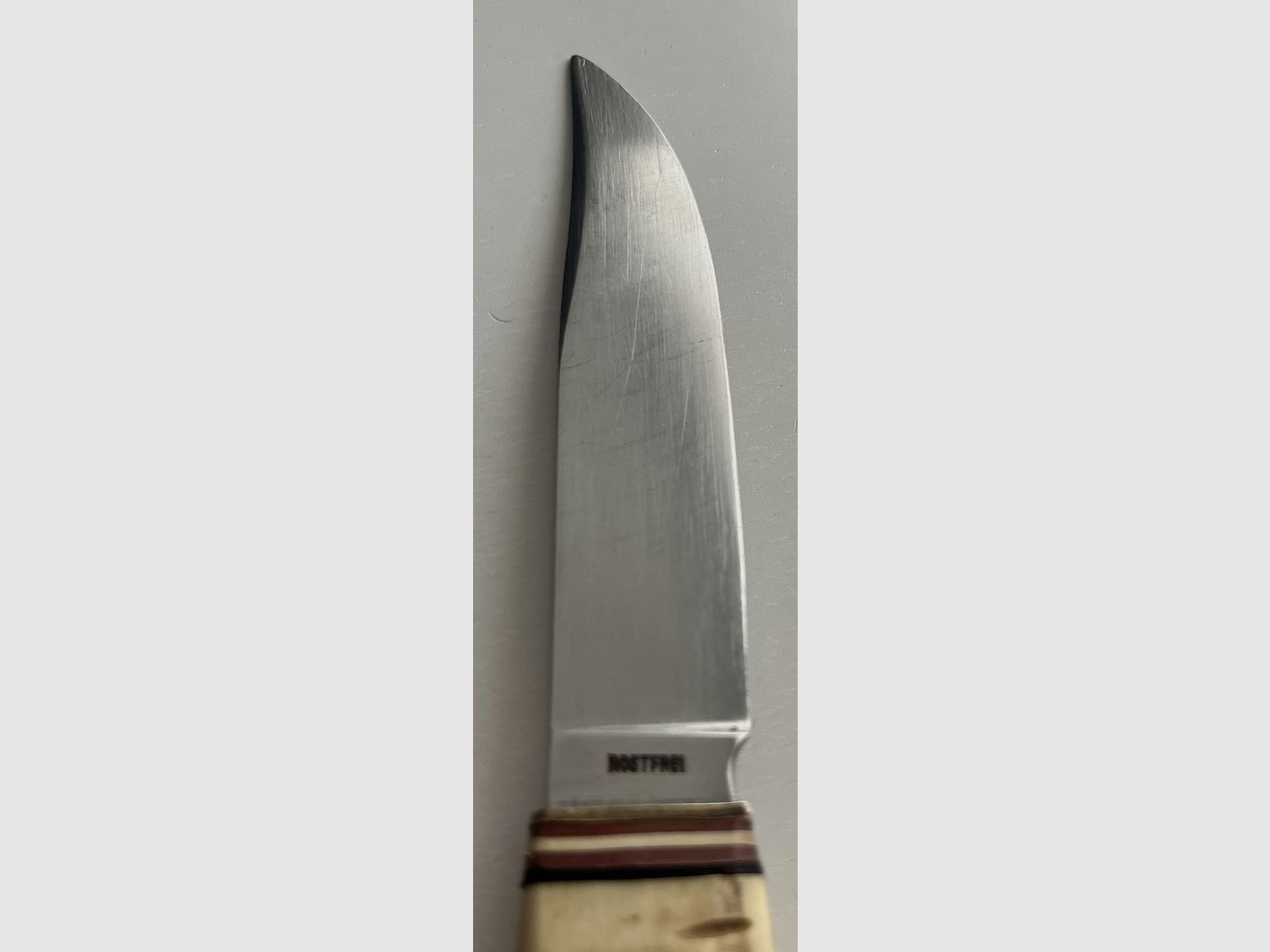 Solingen hunting knife "Ackermännchen" – Real horn handle with fine deer carving & leather sheath
