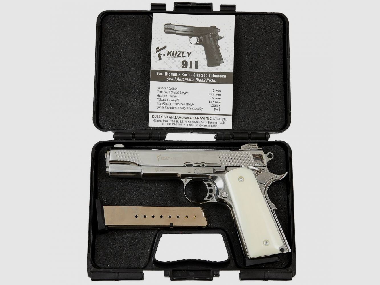 KUZEY 1911 Shiny Chrome 9 mm P.A.K. – Compact 1911 Style – EU-wide shipping