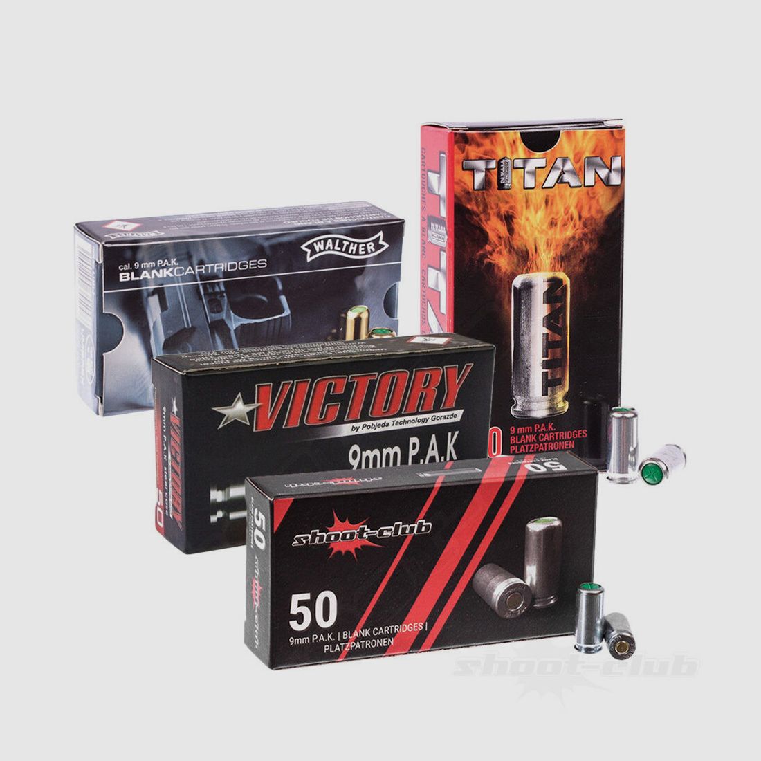 Różne naboje 9mm P.A.K. zestaw: Umarex, Victory, Perfecta