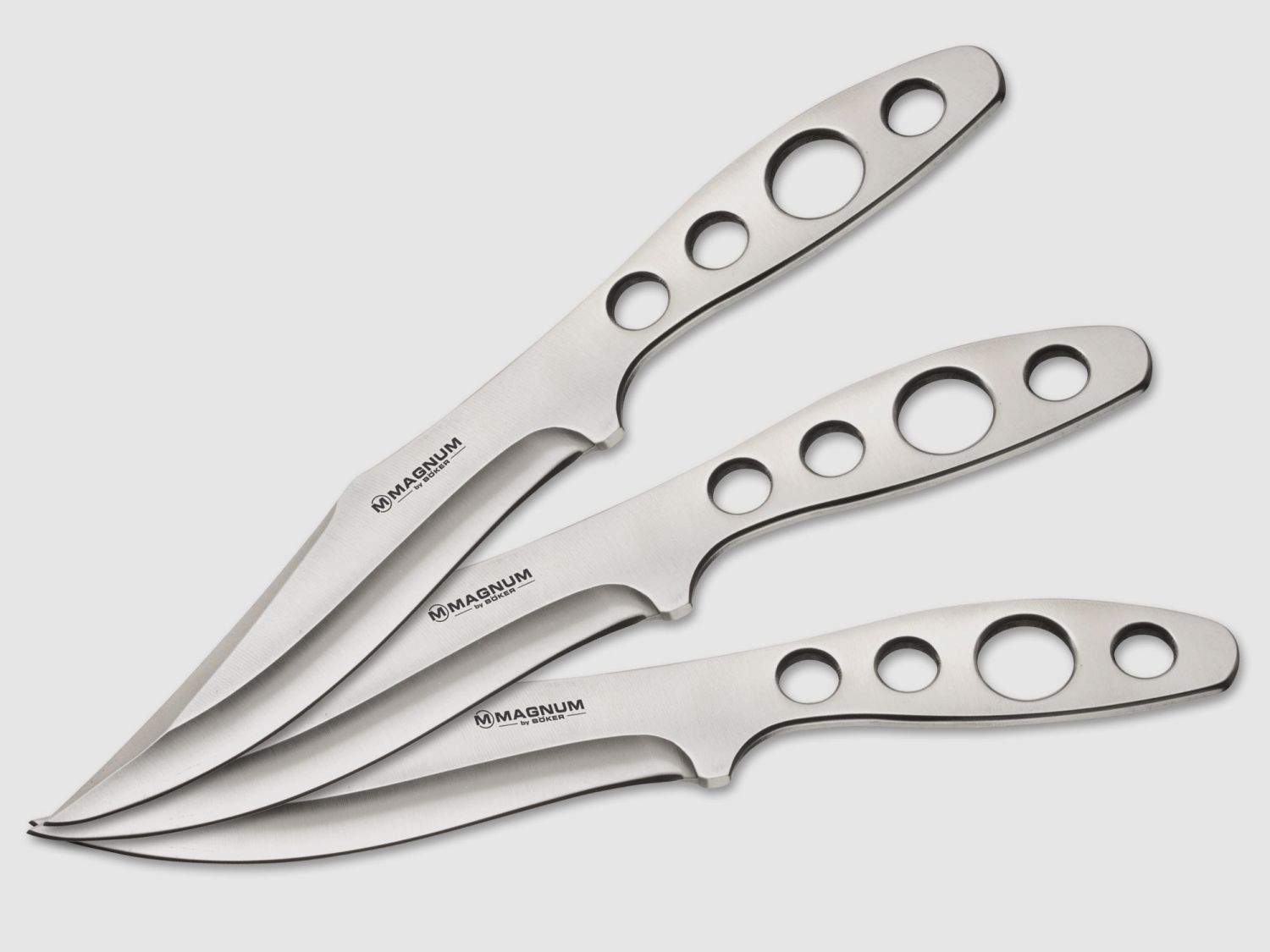 3 schwere Wurfmesser à 172g MAGNUM FLYING BOWIE in Lederscheide asymmetrisch