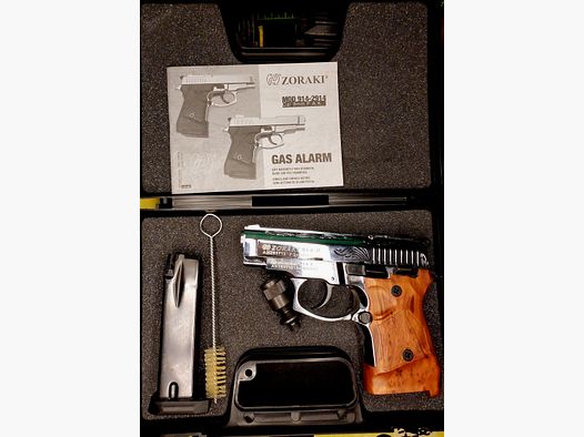 Zoraki 914-P chromowany grawerowany wygląd drewna 9 mm P.A.K. PTB 1070 – jak nowy z walizką