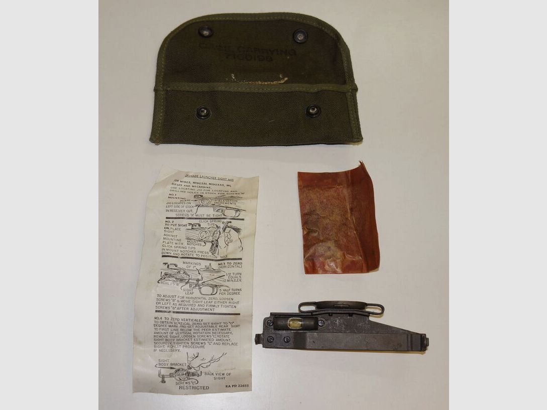 M1 Garand grenade sight with instructions, mounting materials, and bag