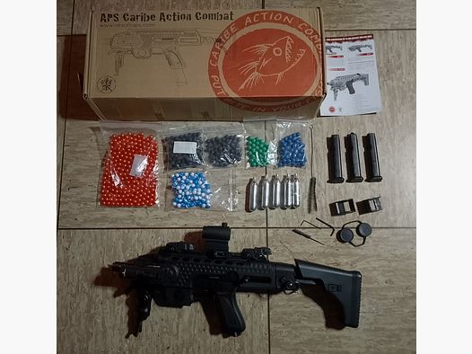 RAM Cal .43 Combat (Glock) + 4 magazines + Aps Caribe action conversion kit T1-Socom sight and accessories Co2 fastballs + paintballs + laser lamp