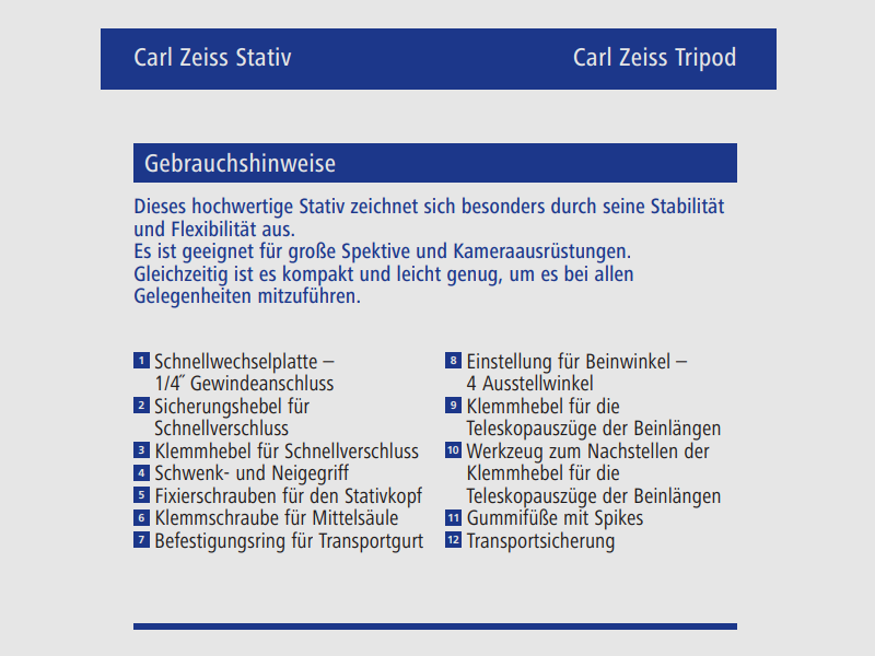 Carl Zeiss Stativ Tripod - Top Qualität