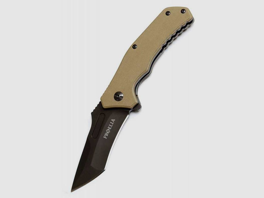Defcon Proelia Modified Tanto Taschenmesser, schwarz beschichtet, brauner Griff