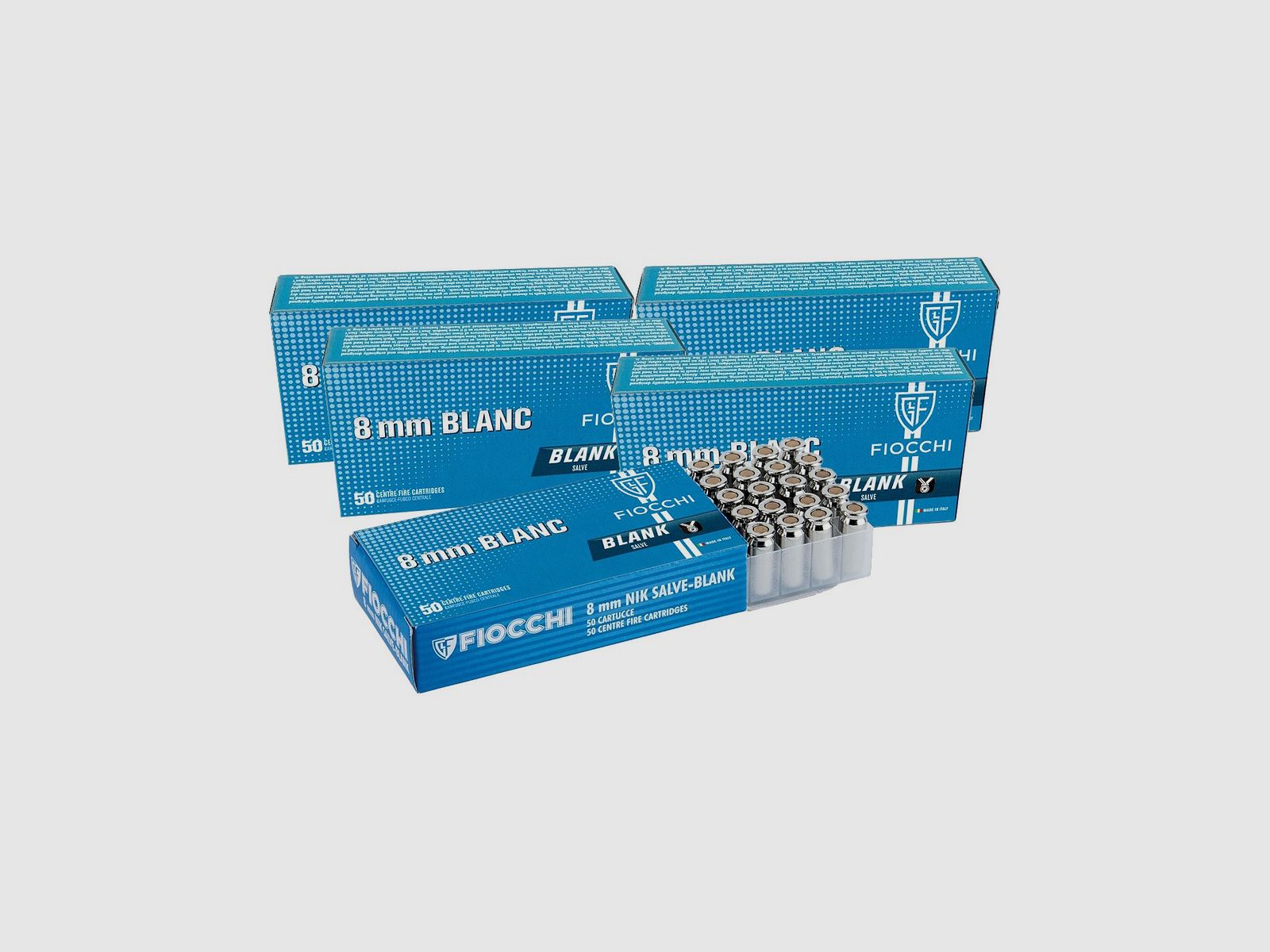Platzpatronen Fiocchi 8 mm. Fünf Packungen zu 50 Stk.