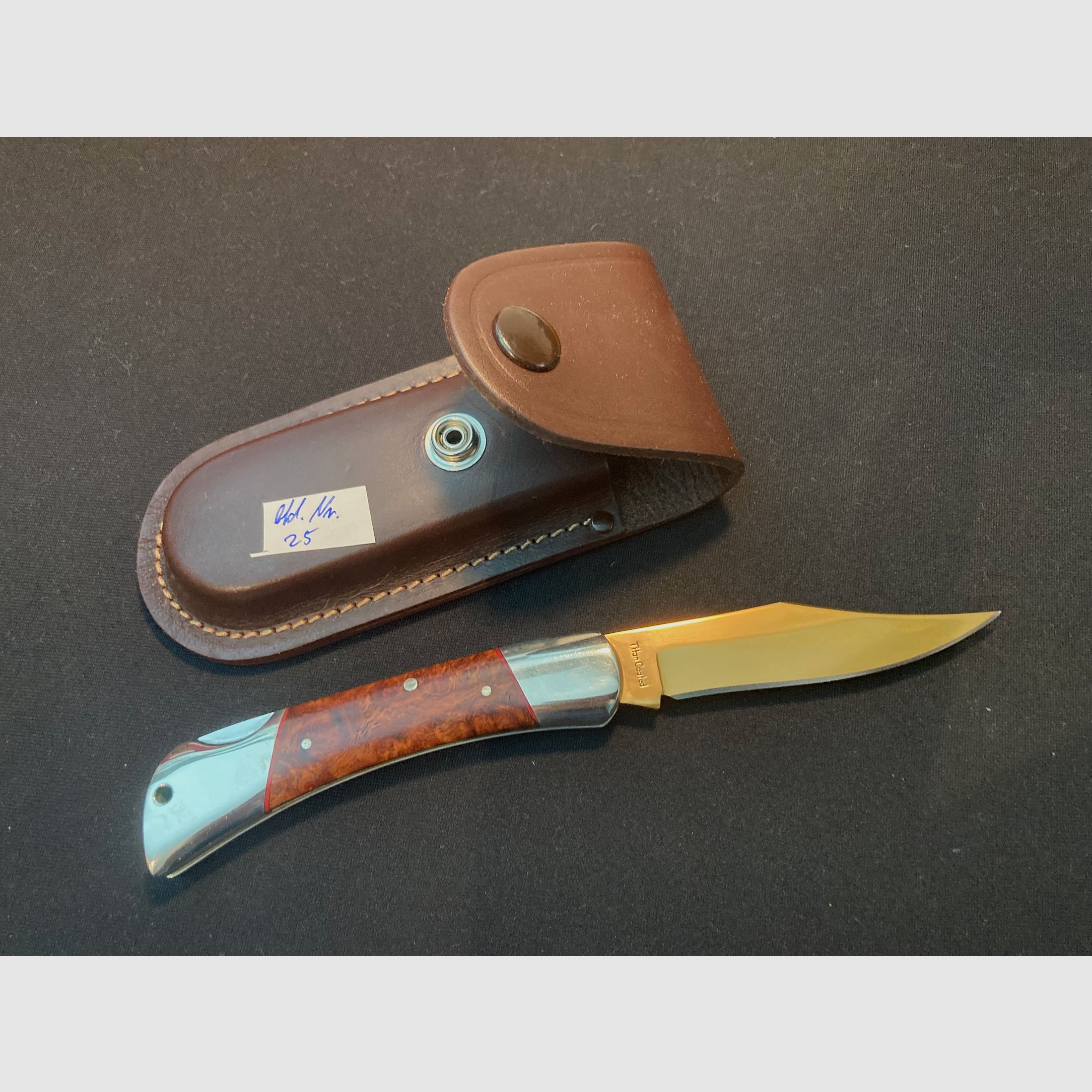 Klappmesser, Taschenmesser, Stainless 440, Titan coated, Leder Gürsteltasche braun