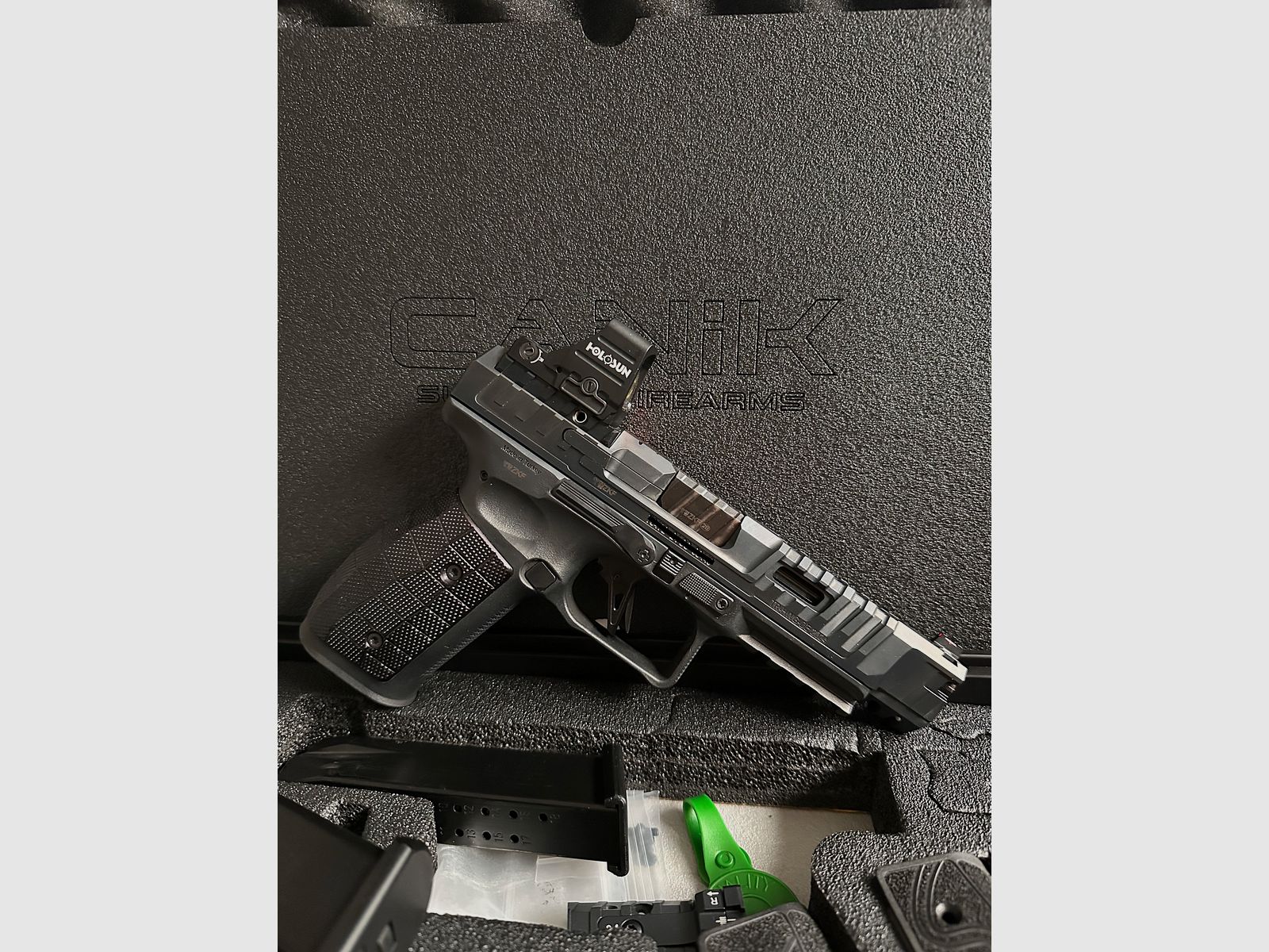 Canik SFx Rival-S with LOK aluminum grip panels, 5 magazines, Wolff springs, original packaging/accessories