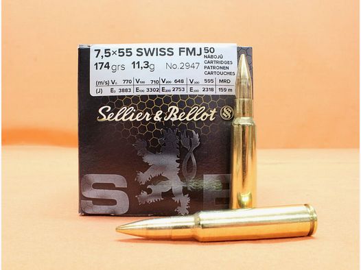 S&B/ Sellier&Bellot @Patrone 7,5x55 S&B/ Sellier&Bellot 1474grs FMJ (2947) VE 50 Patronen/ 11,3g Vollmantel