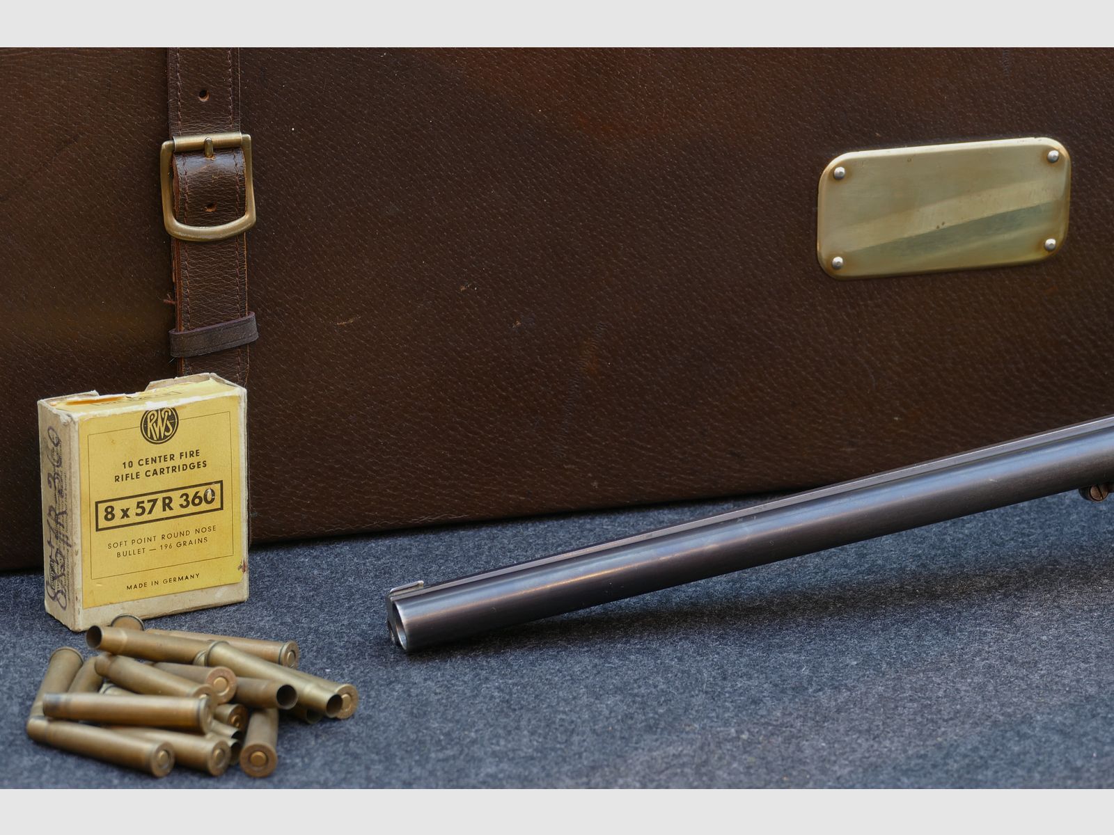 Cockshotgun from Ferlach, cal. 8×57 R‑360 / 16/65, scope Kahles Vienna H/4×, leather travel case, dies, cases, and bullets (173)