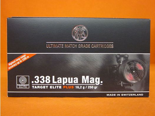 RWS Cartucho .338LapuaMagnum RWS 250grs HPBT (2317464) VE 20 cartuchos (Target Elite Plus)/ 16,2g punta hueca de competición