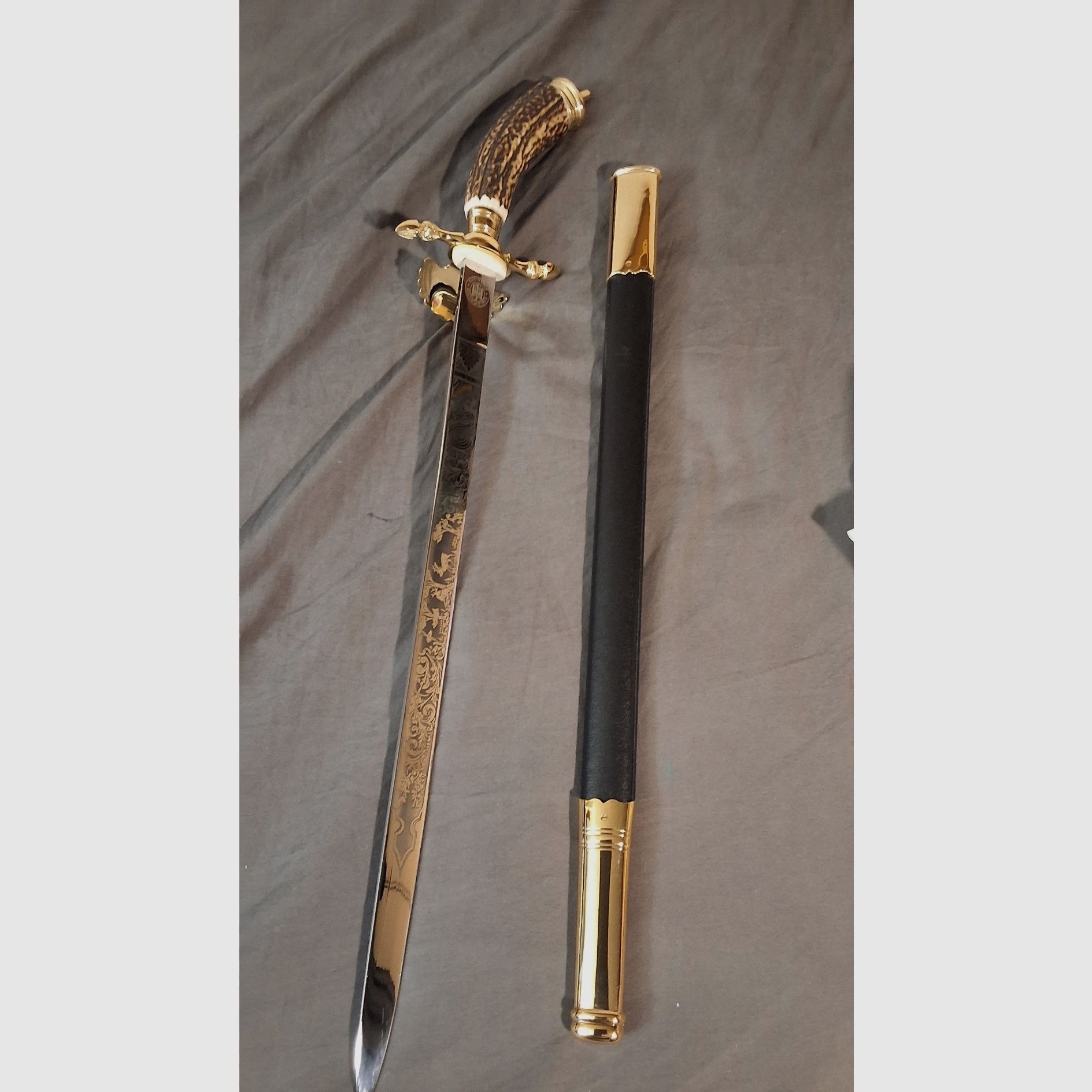 NEU -  1 Hirschfänger  -  50 cm -  24 k - Hirschhorn, immagine 3 di 6