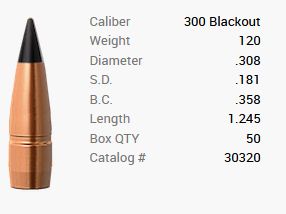 Proyectil Barnes .300 AAC Blackout / .300 Whisper 120GR M/LE Tac-TX Boat Tail sin plomo 50 piezas