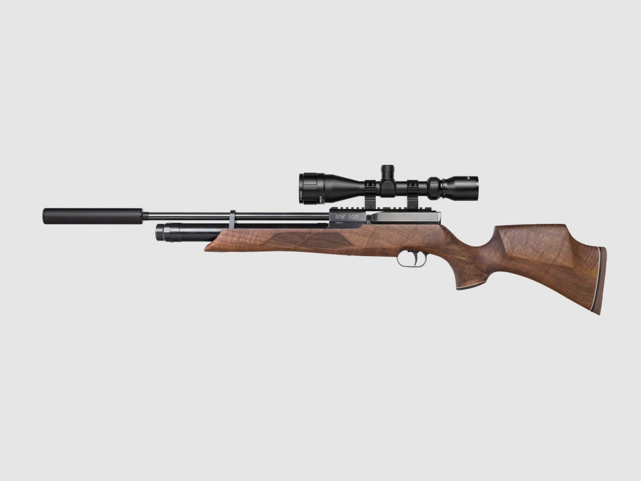 Pressluftgewehr Weihrauch HW 100 S Nussbaumholz-Sportschaft SchalldĂ¤mpfer Kaliber 4,5 mm (P18)