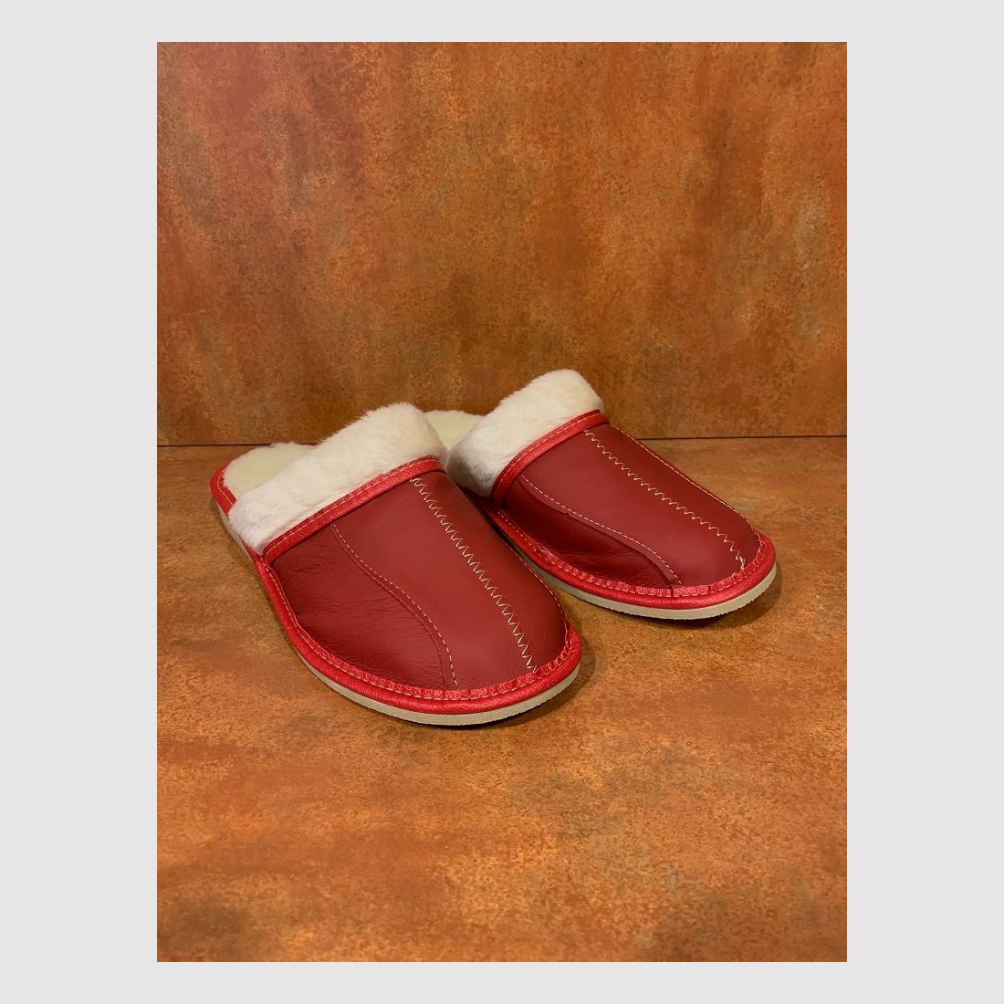 Lederen huis pantoffels met Wol, Rood, afbeelding 2 van 4