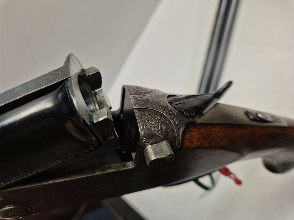 Bockdoppelflinte A.S.L. Italien Kal. 16/70, gravierte Basküle, Ejektor, Dop 16/70